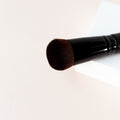 the top of the brush is shown. A black brush  with dark brown bristles. Short bristles tightly packed make up the chubby blender